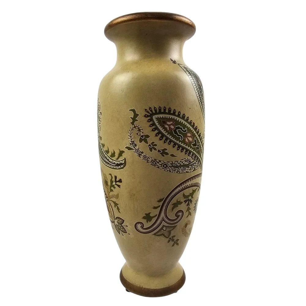 Cream Paisley Decorative Vase Bronze Trim Earthy Green Floral Pattern 12in